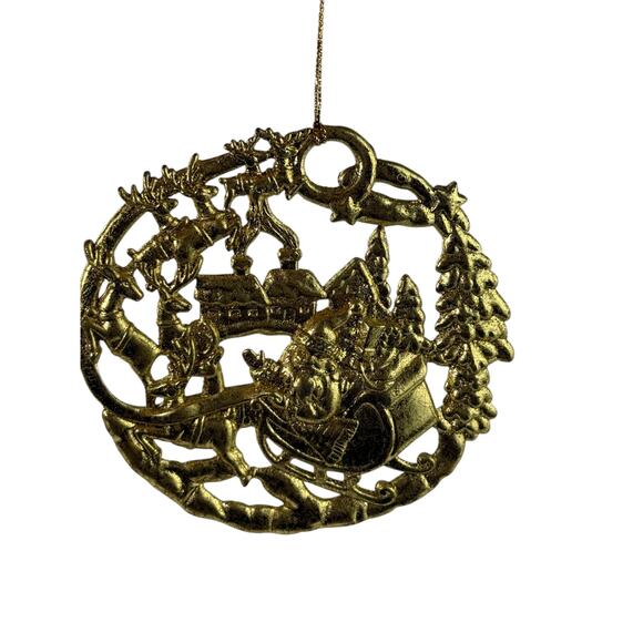 Vintage Gold Tone Santa Sleigh Reindeer Metal Christmas Ornament 4.5” - Picture 4 of 12